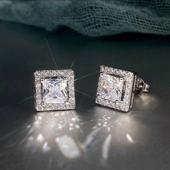 Elegant Cut CZ Stud Earrings Silver Color - Picture 3 of 4